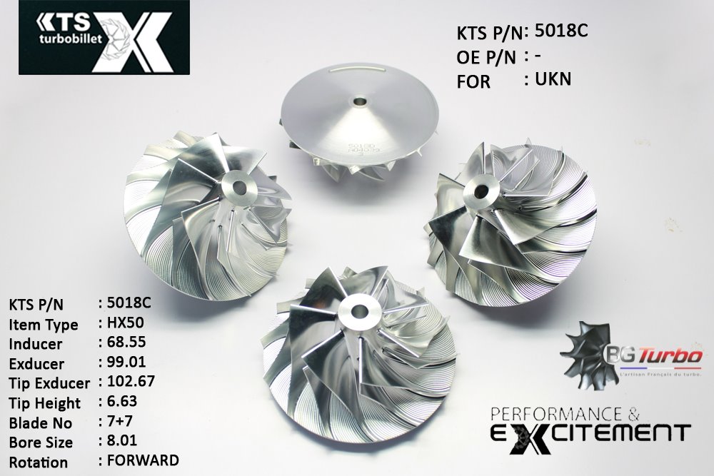 Turbo ROUE FORGÉE MFS PERFORMANCE - 7+7 PALES - INDUCER : 68,55 - EXDUCER : 99,01 - TYPE : HX50ANGLE : 45° - ROTATION : Forward - SUPER BACK : 6,27 - BORE SIZE : 8,01
